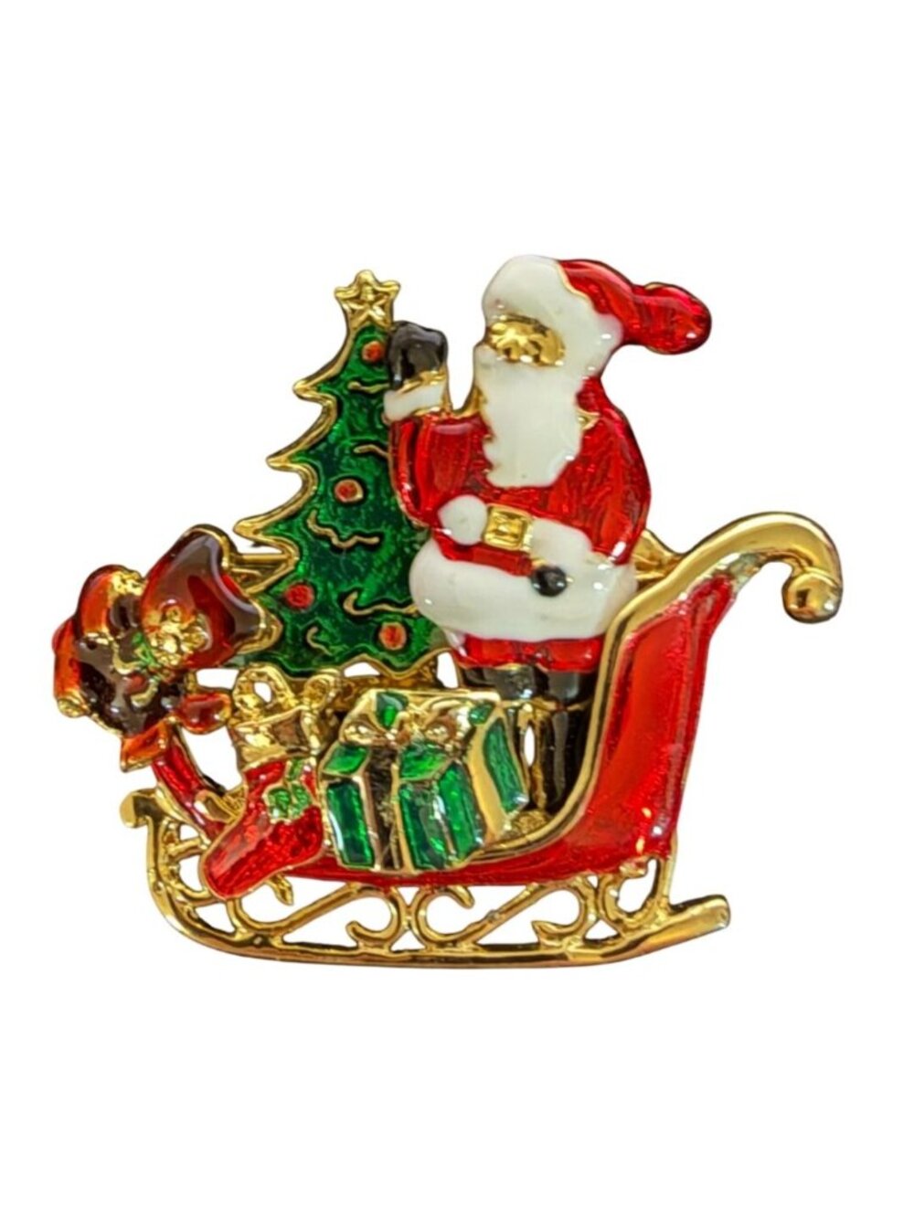 Cute Santa Sleigh Christmas Pin Brooch Movable Teddy, Gift Holiday Jewelry